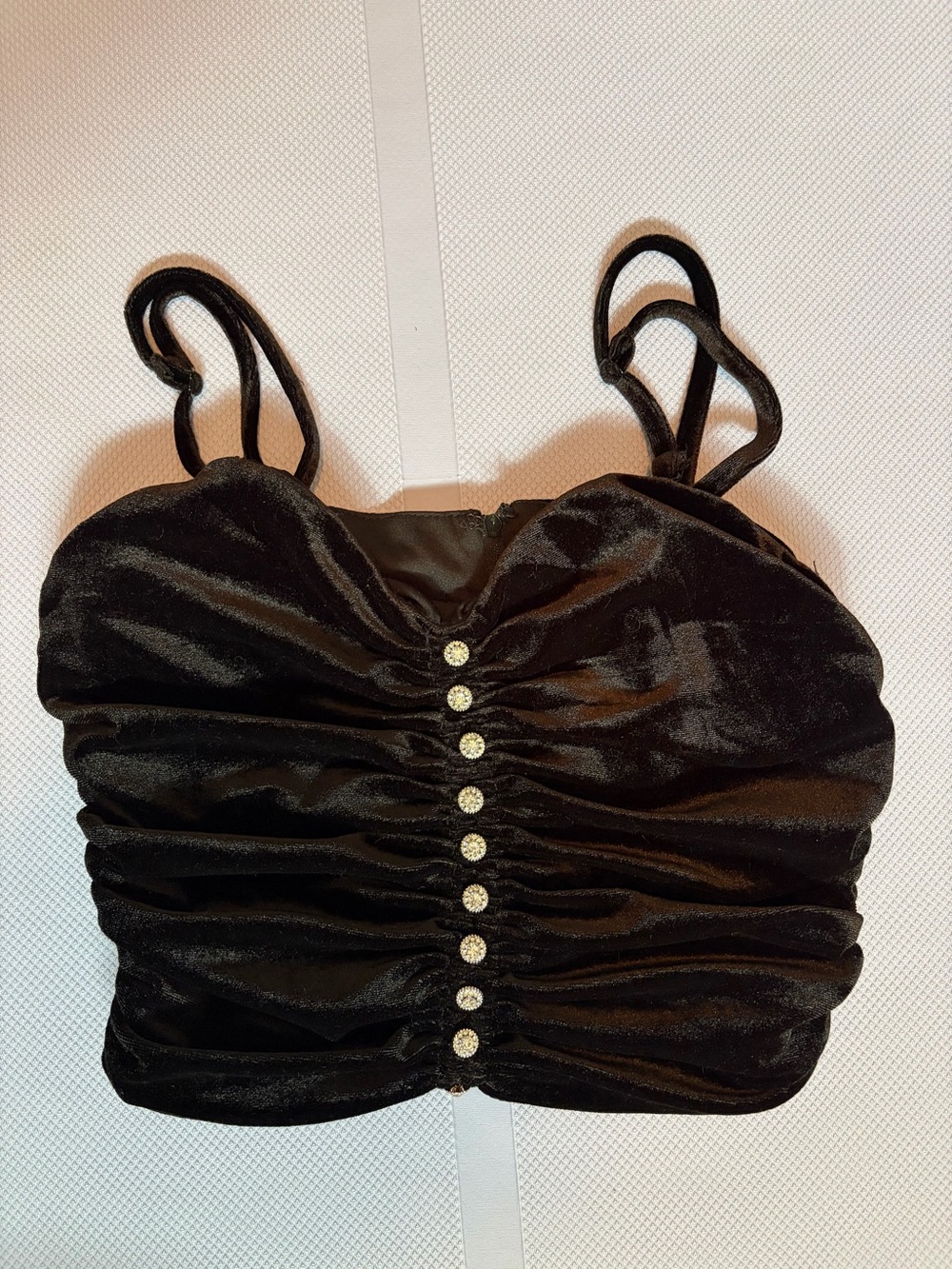 DO+BE Black Ruched Velvet Crop Top with Decorative Buttons